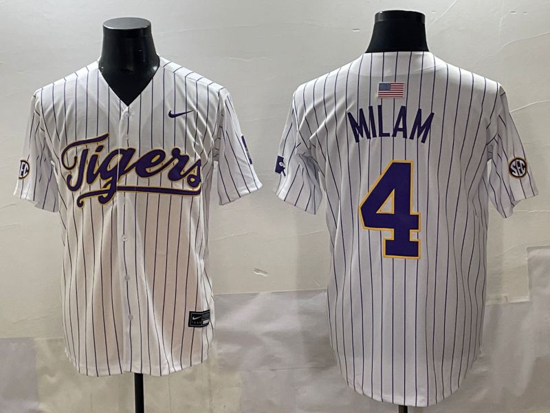 Men 2025 LSU Tigers #4 Milam White Stripe Nike Joint Name Nike NCAA Jersey style 2->ncaa teams->NCAA Jersey